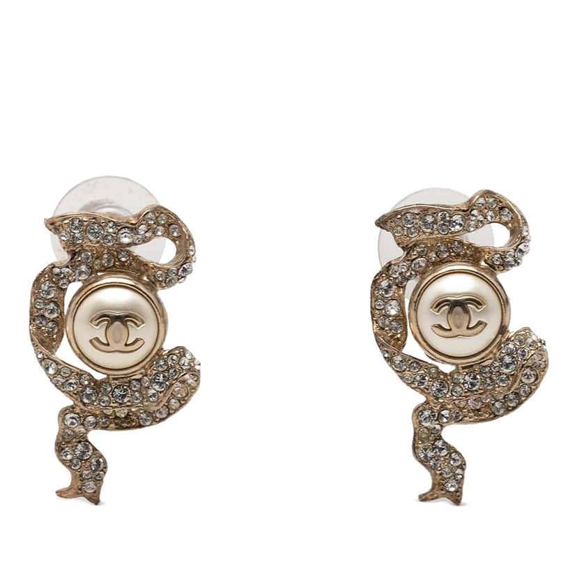 Chanel CC Gold Plated Faux Pearl & Strass Ribbon Push Back Earrings Gold Metal Very good condition - Front View