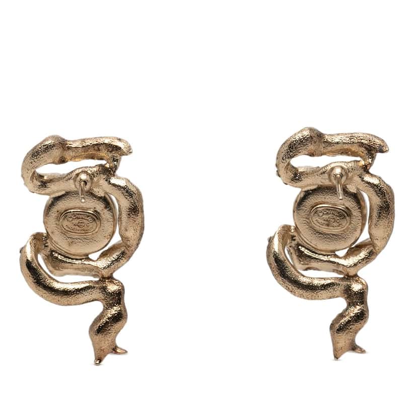 Chanel CC Gold Plated Faux Pearl & Strass Ribbon Push Back Earrings Gold Metal Very good condition - Back View