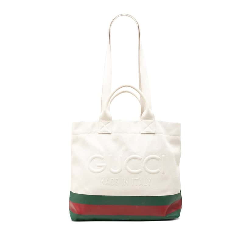 Gucci Canvas Web Embossed Logo Tote White Very good condition - Front View