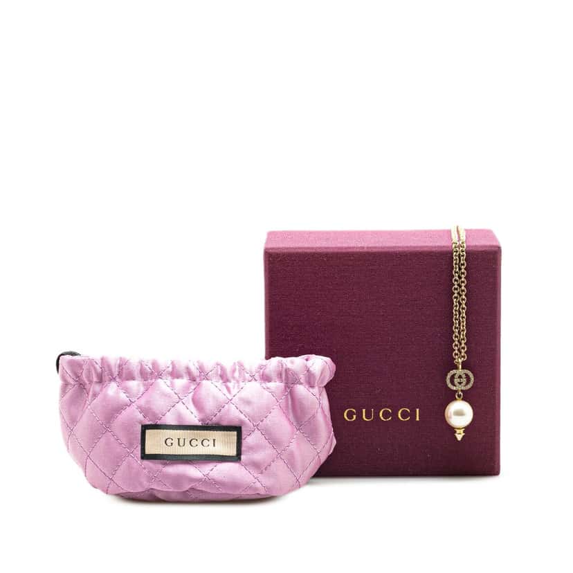 Gucci Gold Plated GG Faux Pearl Drop Pendant Necklace Gold Metal Very good condition - Box View
