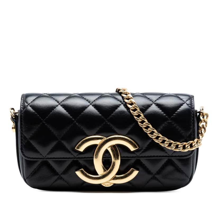 Chanel Quilted Lambskin Giant CC Flap Phone Holder with Chain Black Leather Very good condition - Front View