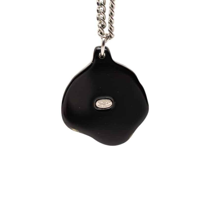 Chanel Brass Camellia Resin Strass Pendant Necklace Silver Metal Very good condition - Back View