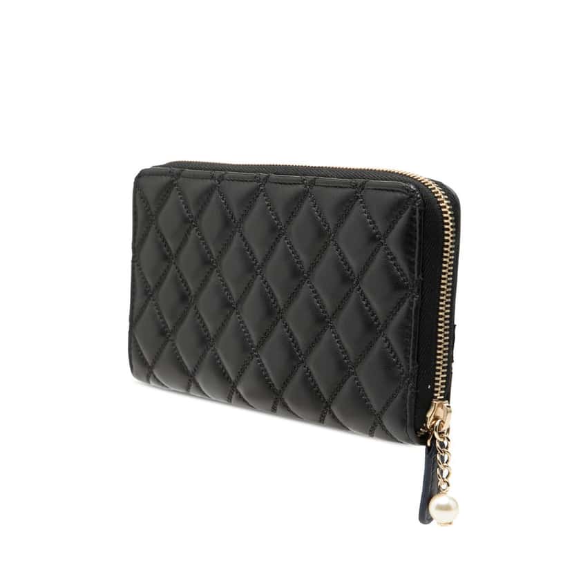 Chanel Bicolor Quilted Lambskin Faux Pearl Ribbon Long Wallet Black Leather Very good condition - Back View