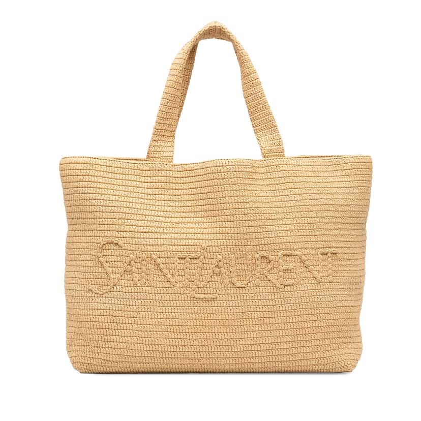 Saint Laurent Raffia Embroidered Logo Tote Beige Very good condition - Front View