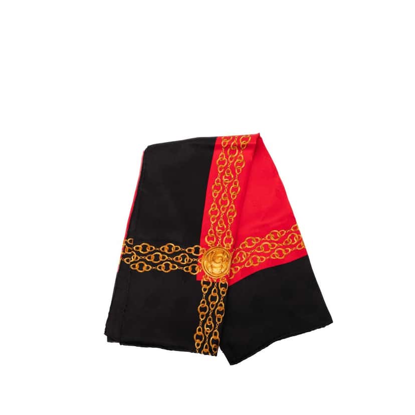 Chanel CC Medallion Chain Print Silk Scarf Black Never worn - Front View