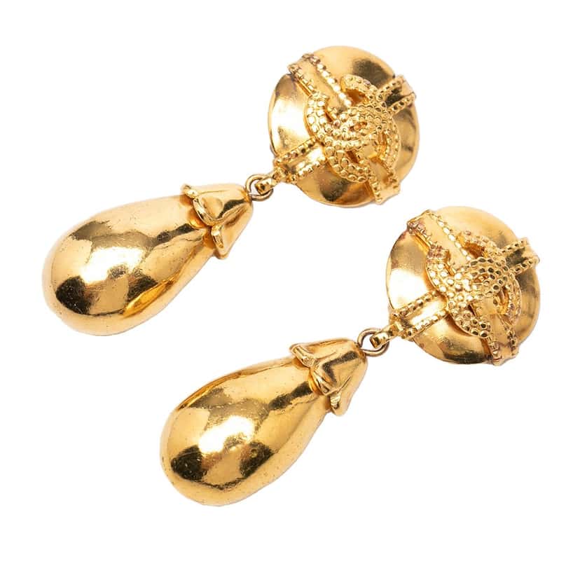 Chanel CC Gold Plated Dangle Clip On Earrings Gold Metal Very good condition - Front View