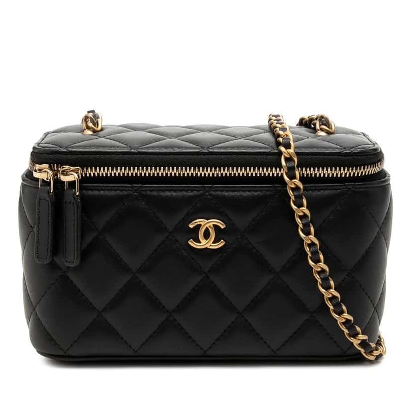 Chanel Small Quilted Lambskin Pearl Crush Vanity Case with Chain Black Leather Very good condition - Front View
