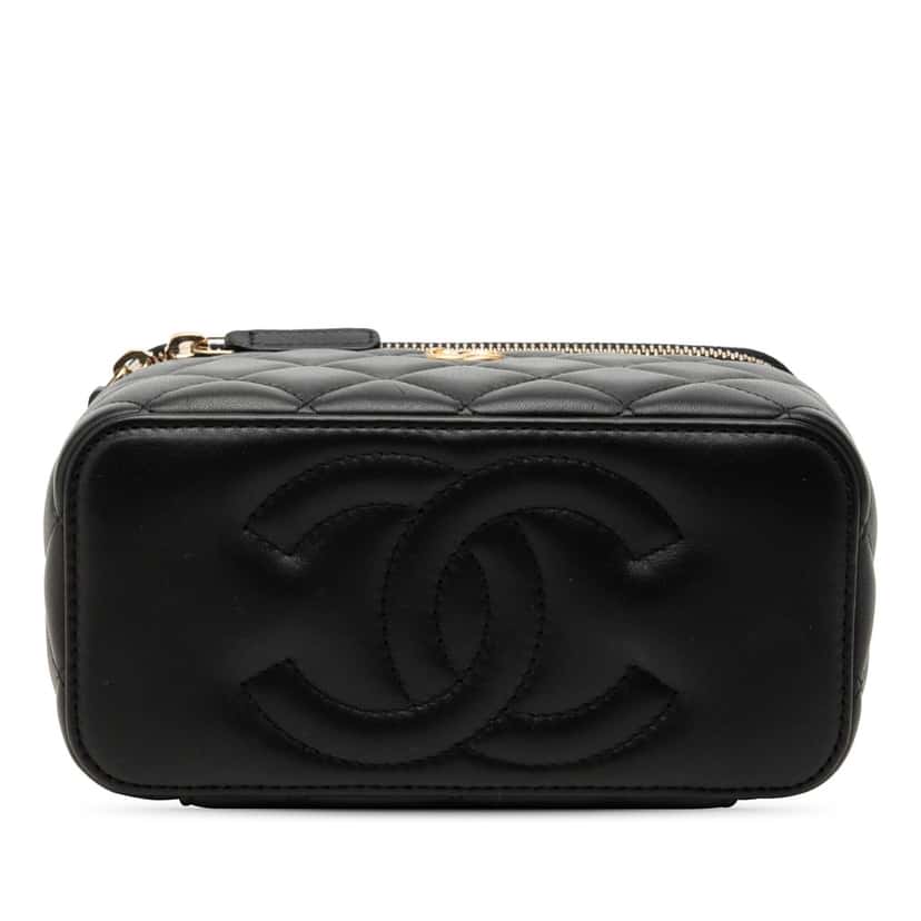 Chanel Small Quilted Lambskin Pearl Crush Vanity Case with Chain Black Leather Very good condition - Inside View