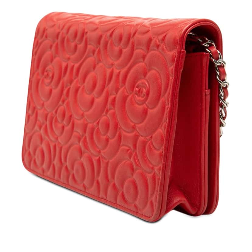 Chanel CC Embossed Lambskin Camellia Wallet On Chain Red Leather Very good condition - Back View