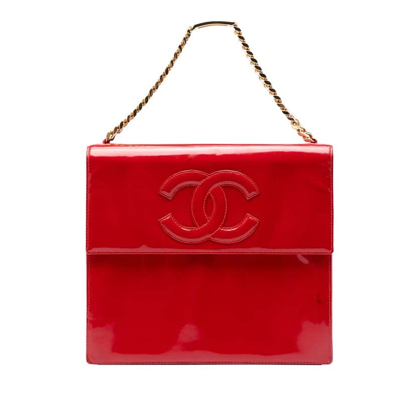 Chanel CC Patent Chain Top Handle Flap Black Leather Very good condition - Front View