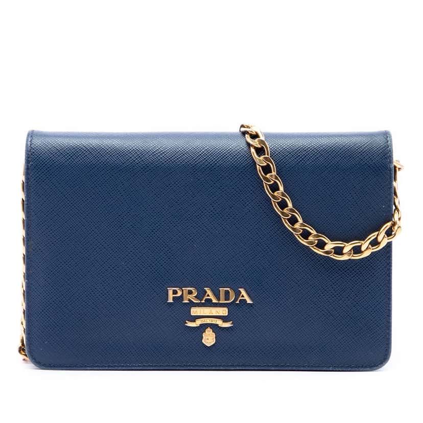Prada Saffiano Lux Wallet on Chain Blue Leather Very good condition - Front View