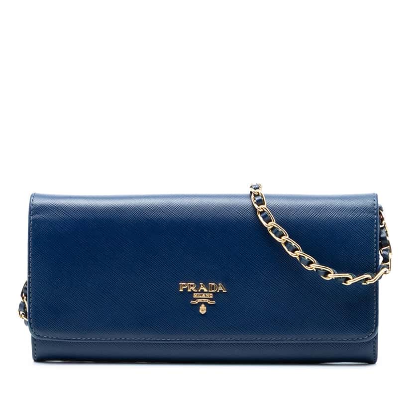 Prada Saffiano Wallet On Chain Blue Leather Very good condition - Front View