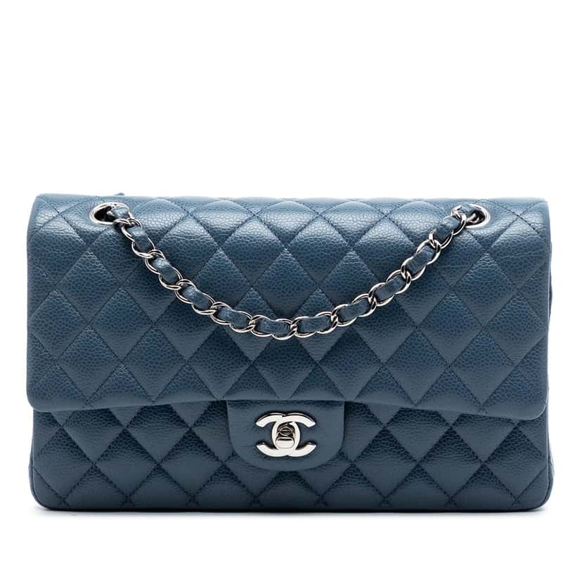 Chanel Medium Classic Caviar Double Flap Blue Leather Very good condition - Front View