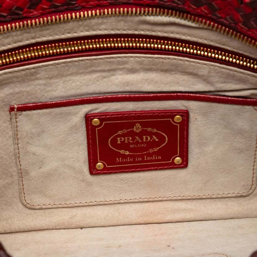 Prada Woven Goatskin Madras Zip Clutch Red Leather Very good condition - Model View
