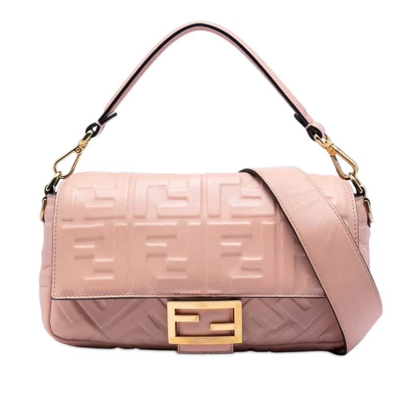 Fendi Zucca Embossed Leather Baguette Satchel Pink Leather Very good condition - Front View