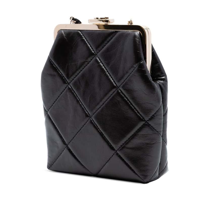 Chanel Small CC Quilted Lambskin Kisslock Frame Clutch Black Leather Very good condition - Back View