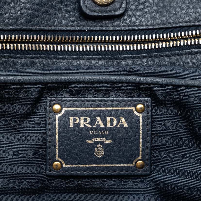 Prada Vitello Daino Trimmed Tessuto Satchel Blue Very good condition - Box View