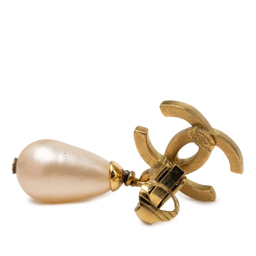 Chanel CC Gold Plated Faux Pearl Swing Clip On Earrings Gold Metal Very good condition - Inside View