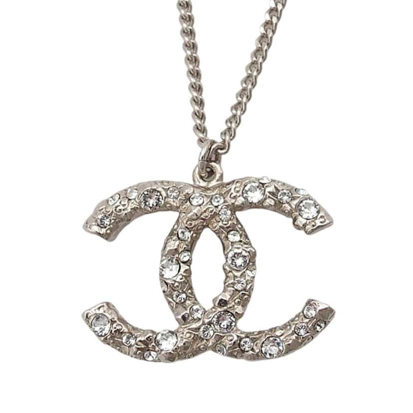 Chanel CC Brass and Strass Pendant Necklace Silver Metal Very good condition - Front View