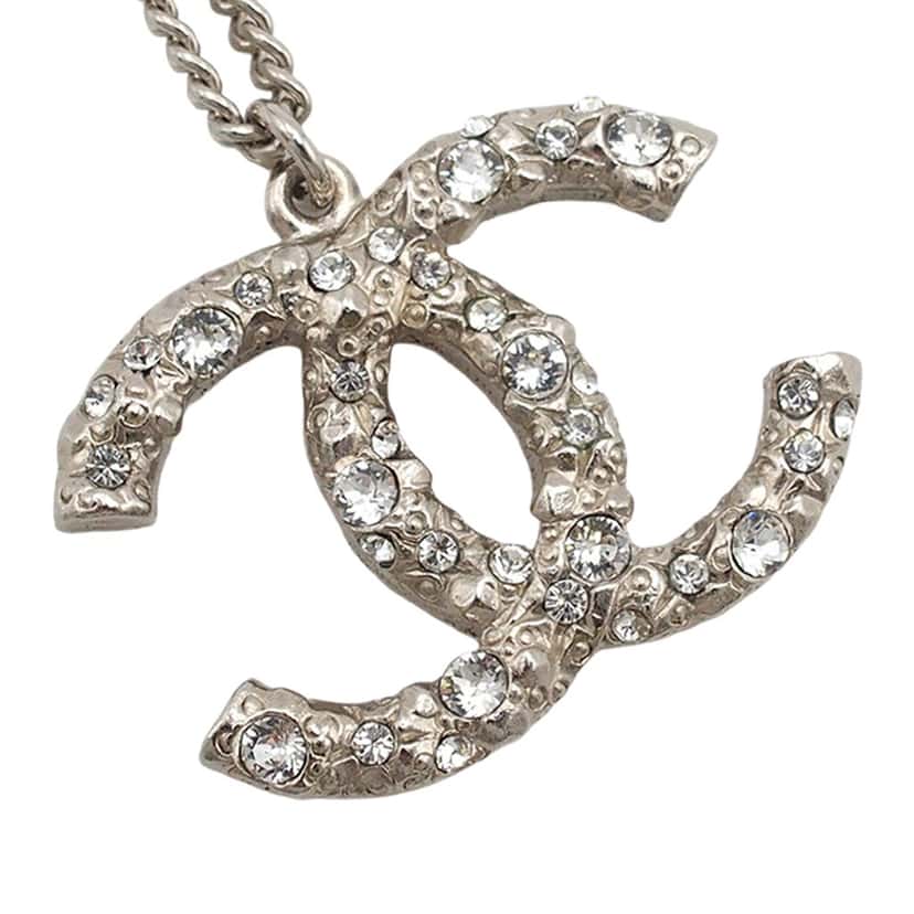 Chanel CC Brass and Strass Pendant Necklace Silver Metal Very good condition - Back View
