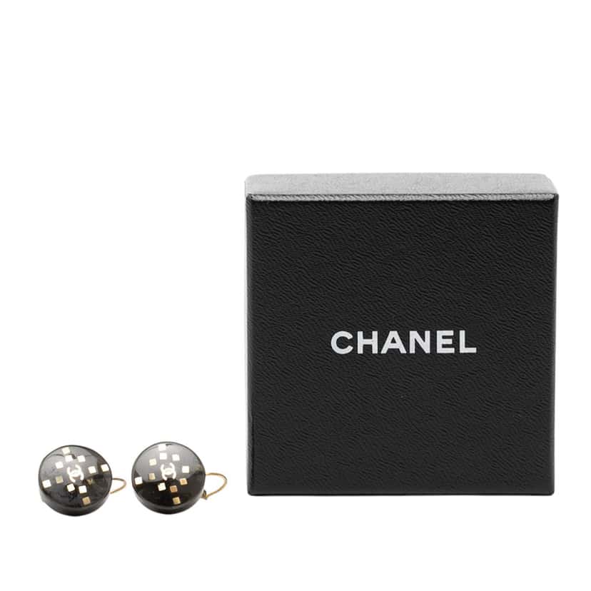 Chanel CC Enamel Gold Plated Round Lever Back Earrings Black Very good condition - Model View