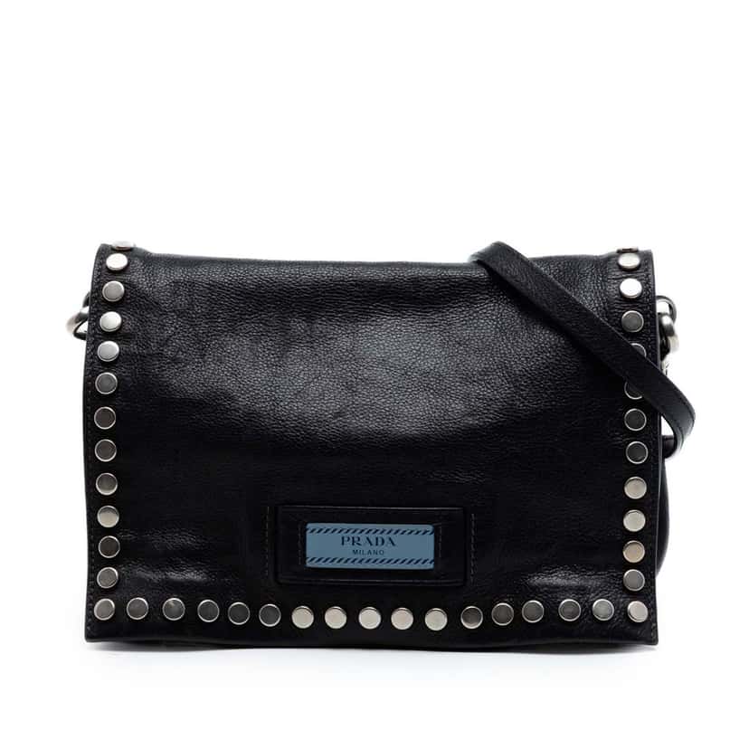 Prada Glace Calfskin Studded Etiquette Flap Black Leather Very good condition - Front View