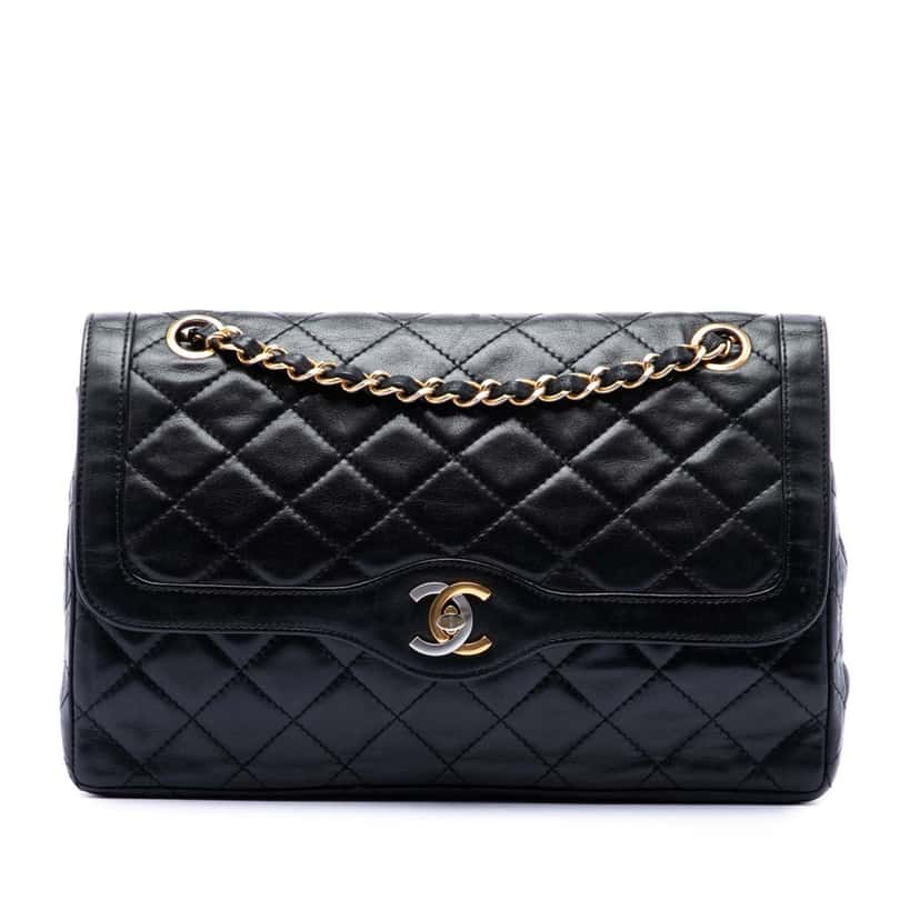 Chanel Limited Edition Paris Quilted Lambskin Double Flap Black Leather Very good condition - Front View