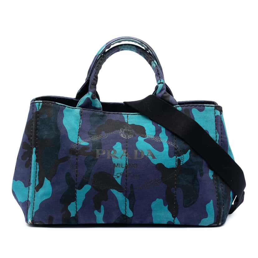 Prada Canvas Canapa Logo Camouflage Satchel Blue Very good condition - Front View