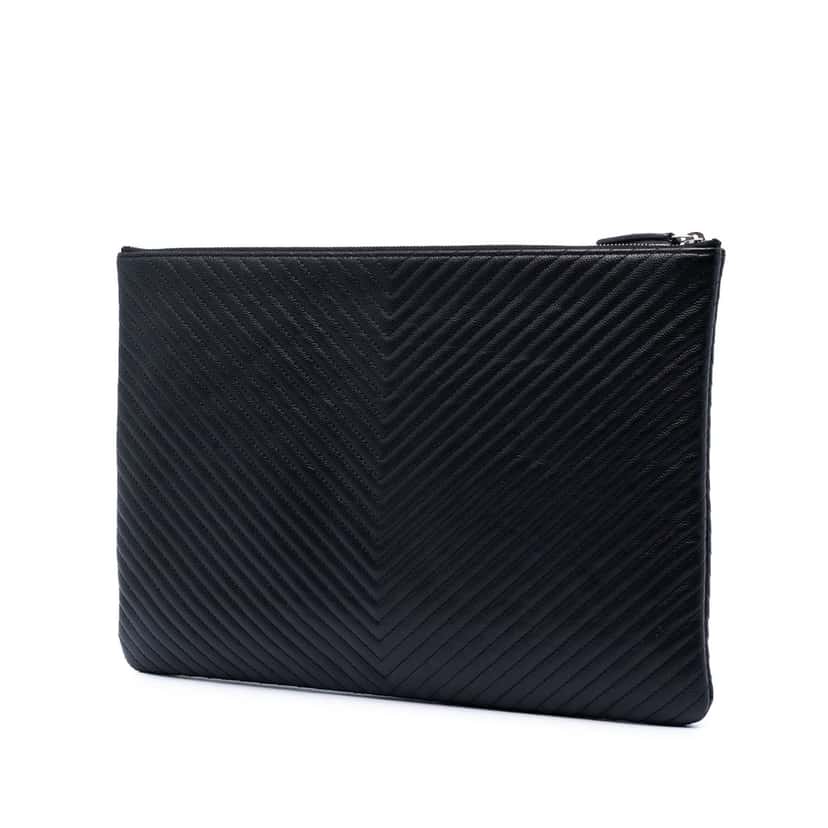 Chanel Large Chevron Caviar O Case Clutch Black Leather Very good condition - Back View