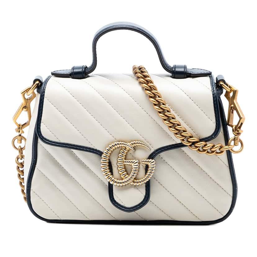 Gucci Mini GG Marmont Matelasse Diagonal Leather Torchon Top Handle Bag White Leather Good condition - Front View