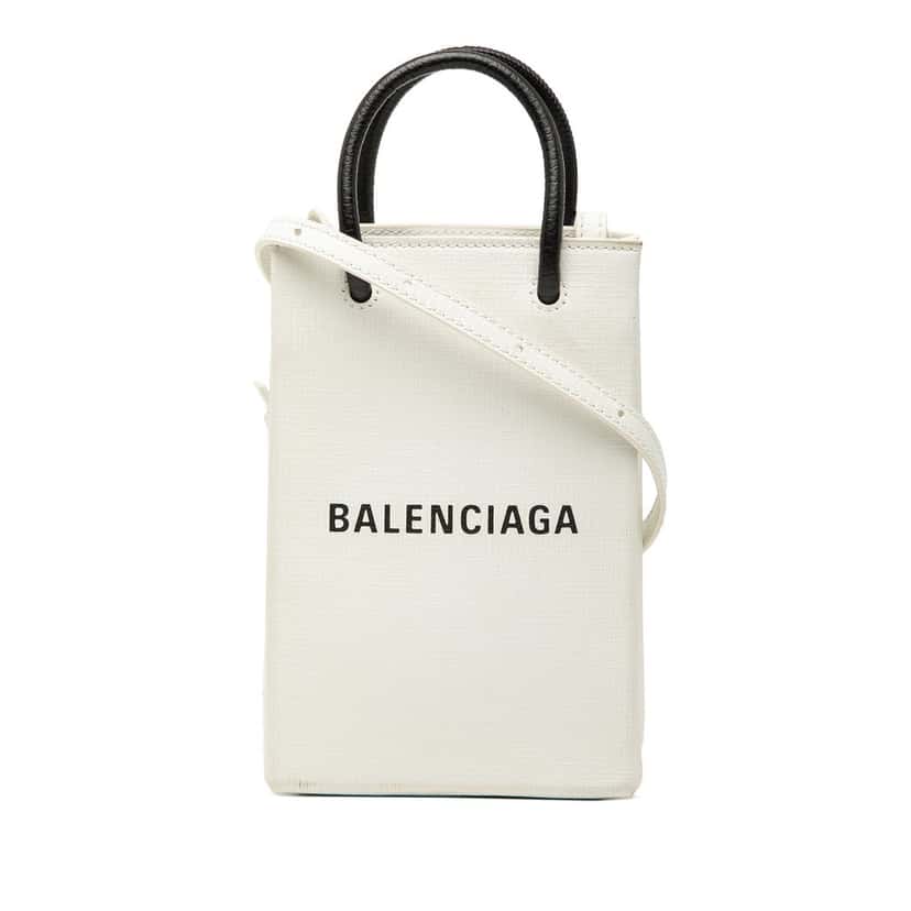 Balenciaga Mini Calfskin Logo Shopping Phone Holder White Leather Very good condition - Front View