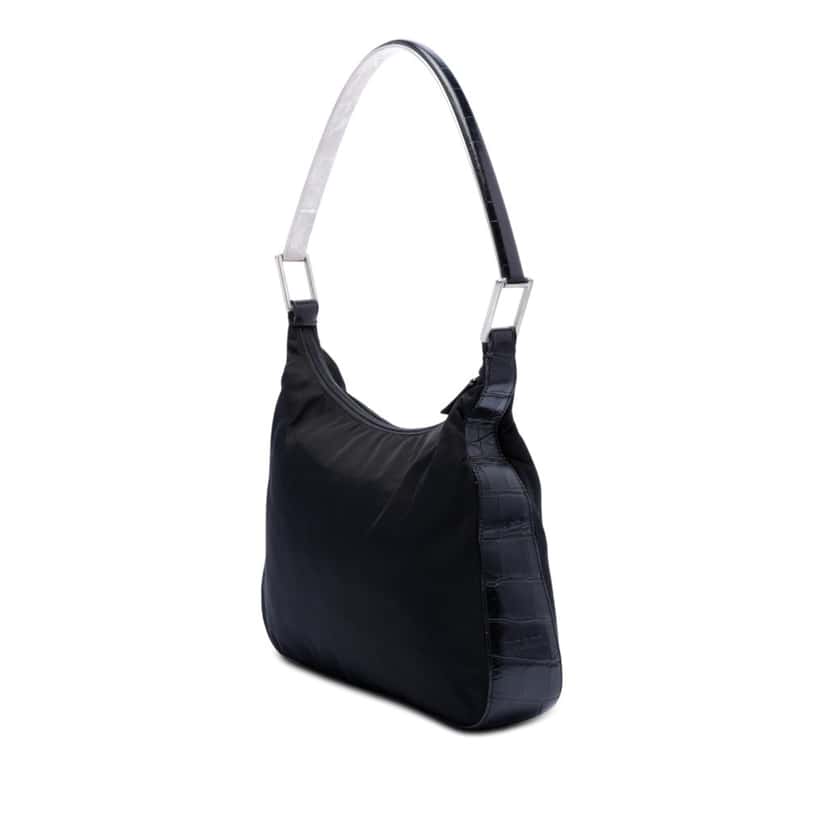 Prada Croc Embossed Leather Trimmed Tessuto Shoulder Bag Black Very good condition - Back View