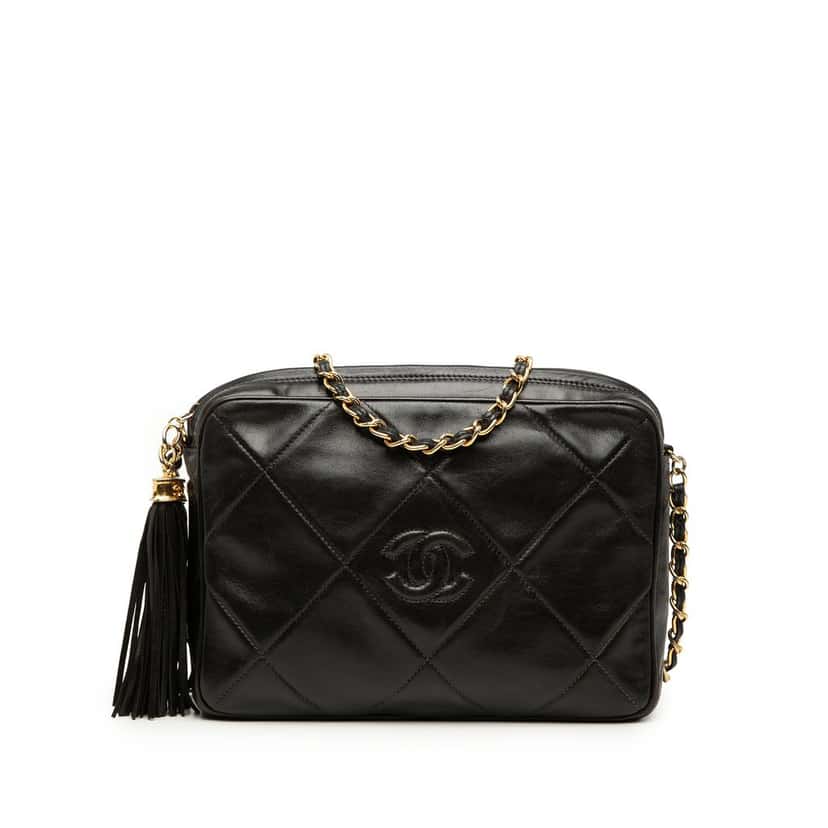 Chanel CC Diamond Quilted Lambskin Tassel Camera Bag Black Leather Very good condition - Front View