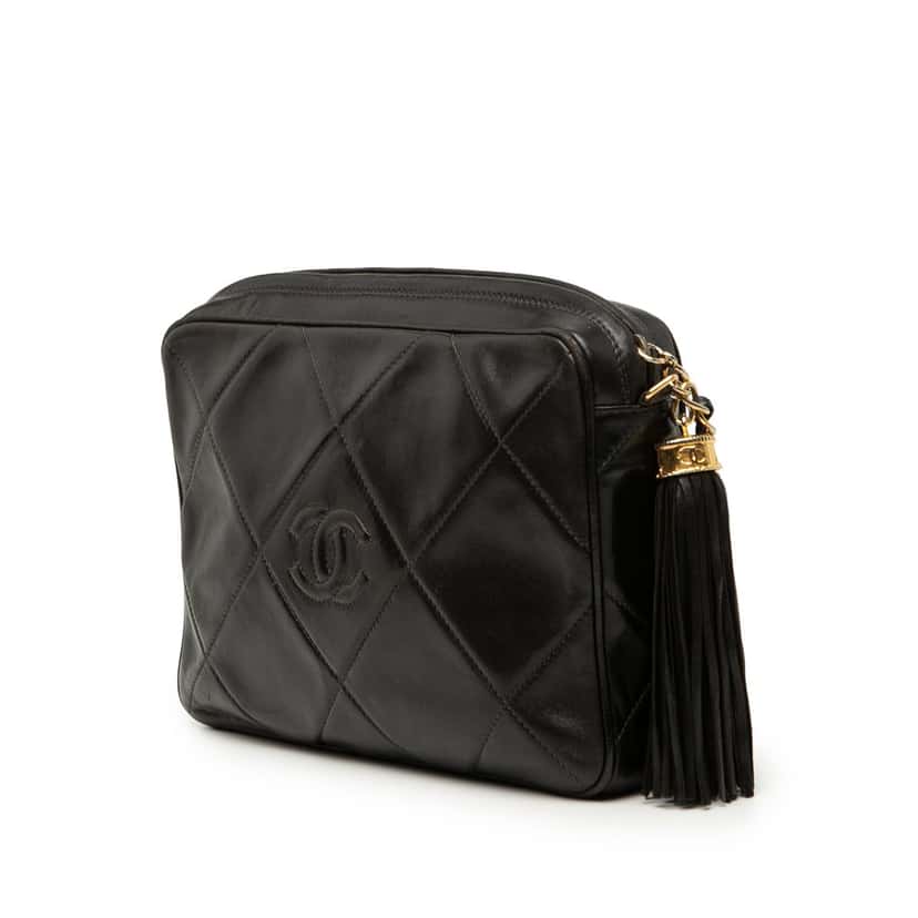 Chanel CC Diamond Quilted Lambskin Tassel Camera Bag Black Leather Very good condition - Back View