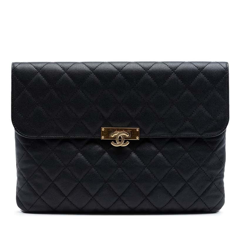 Chanel Medium Quilted Caviar Golden Class O Case Clutch Black Leather Very good condition - Front View