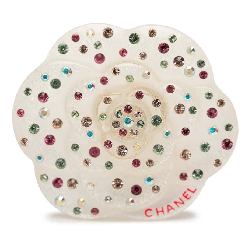 Chanel CC Resin and Crystal Camellia Brooch White Plastic Very good condition - Front View