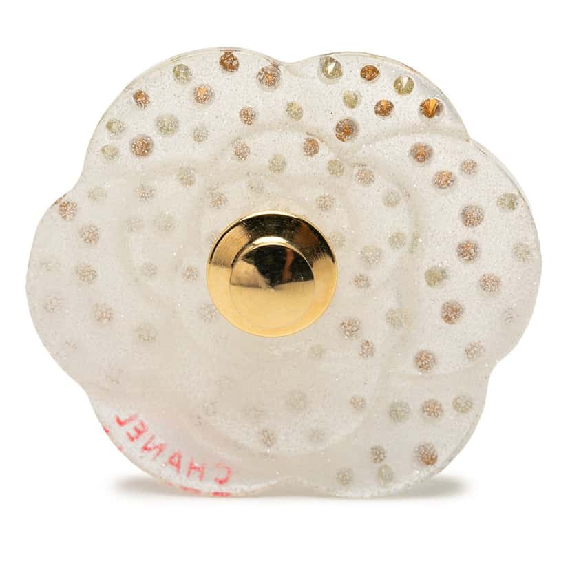 Chanel CC Resin and Crystal Camellia Brooch White Plastic Very good condition - Back View