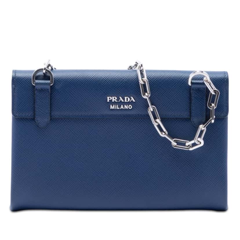 Prada Saffiano Cuir Twist Lock Chain Flap Blue Leather Very good condition - Front View