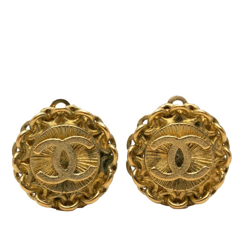 Chanel CC Gold Plated Round Clip On Earrings Gold Metal Very good condition - Front View