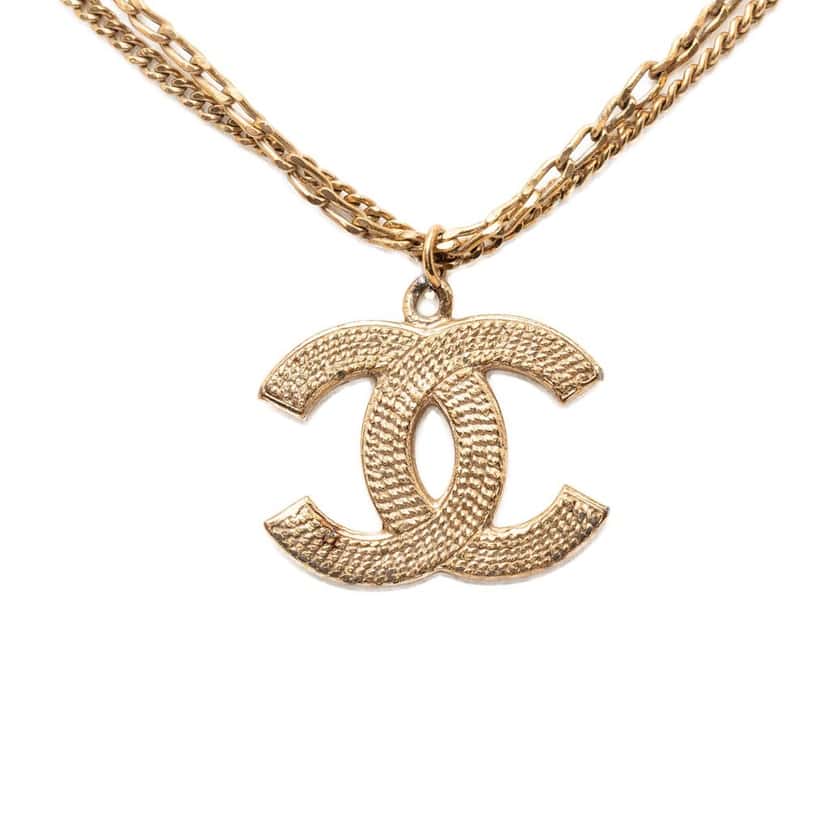 Chanel CC Gold Plated Textured Pendant Double Chain Necklace Gold Metal Very good condition - Back View