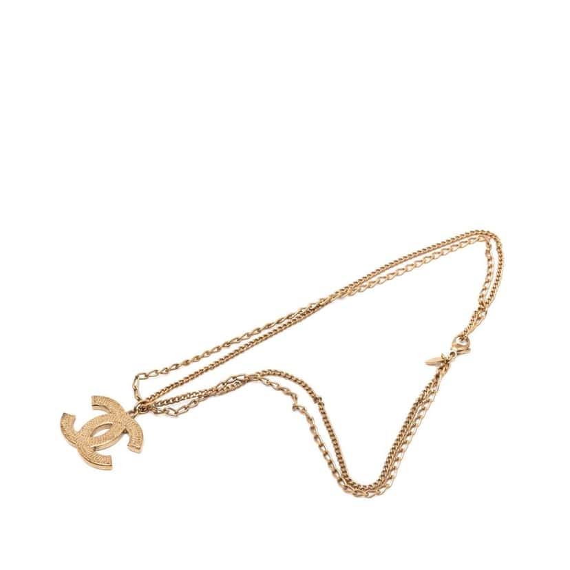 Chanel CC Gold Plated Textured Pendant Double Chain Necklace Gold Metal Very good condition - Box View