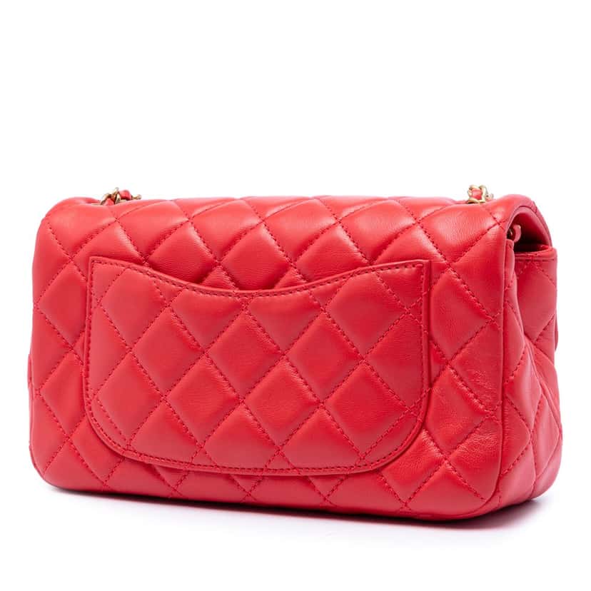 Chanel Mini Rectangular Classic Lambskin Pearl Crush Single Flap Red Leather Very good condition - Back View