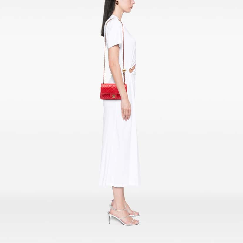Chanel Mini Rectangular Classic Lambskin Pearl Crush Single Flap Red Leather Very good condition - Box View