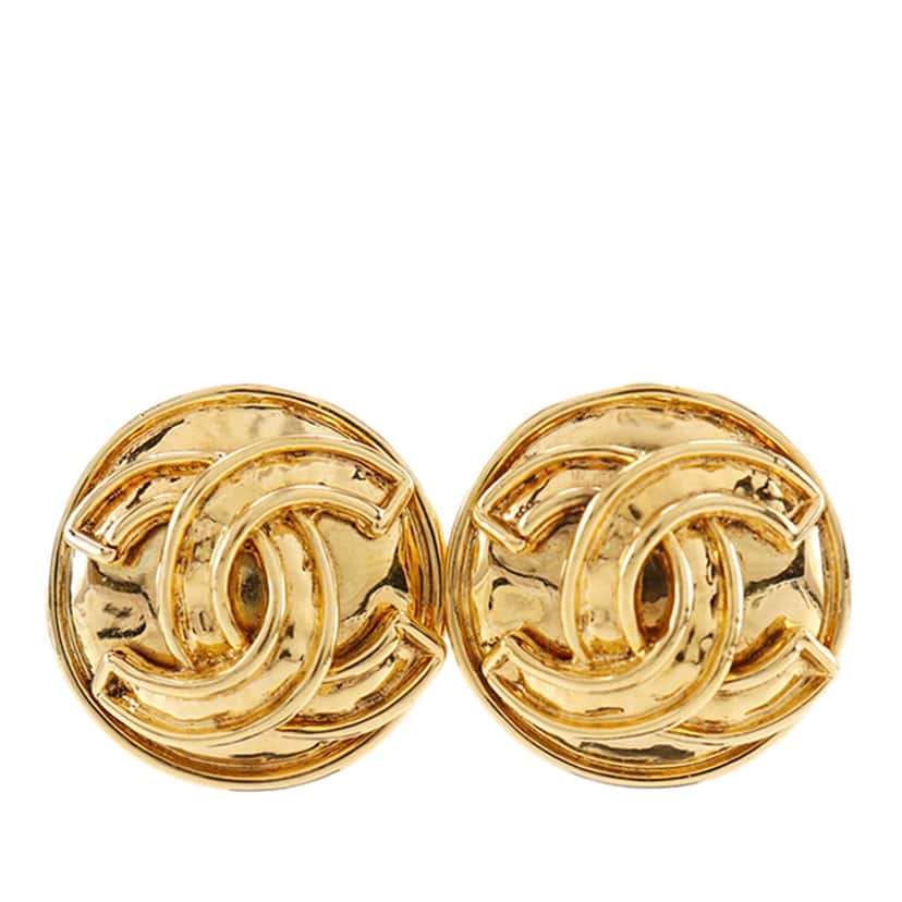 Chanel CC Gold Plated Round Clip On Earrings Gold Metal Very good condition - Front View
