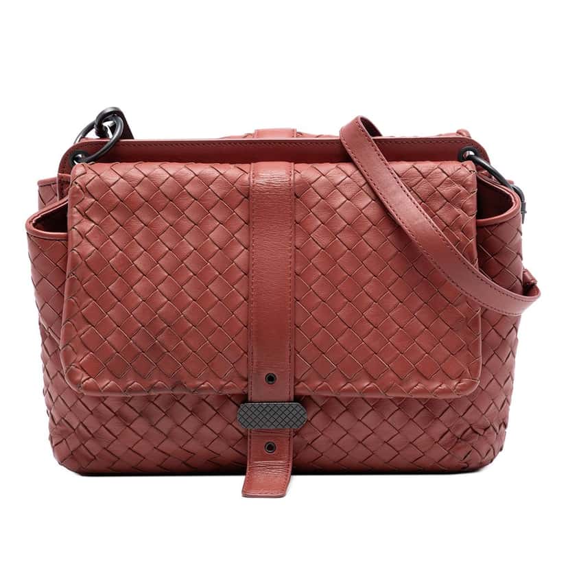 Bottega Veneta Nappa Intrecciato Double Sided Flap Messenger Bag Red Leather Very good condition - Front View