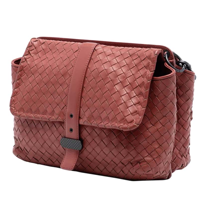 Bottega Veneta Nappa Intrecciato Double Sided Flap Messenger Bag Red Leather Very good condition - Back View