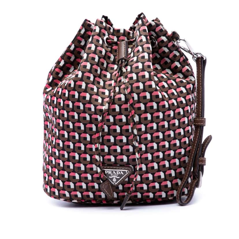 Prada Tessuto Geometric Print Drawstring Pouch Brown Very good condition - Front View