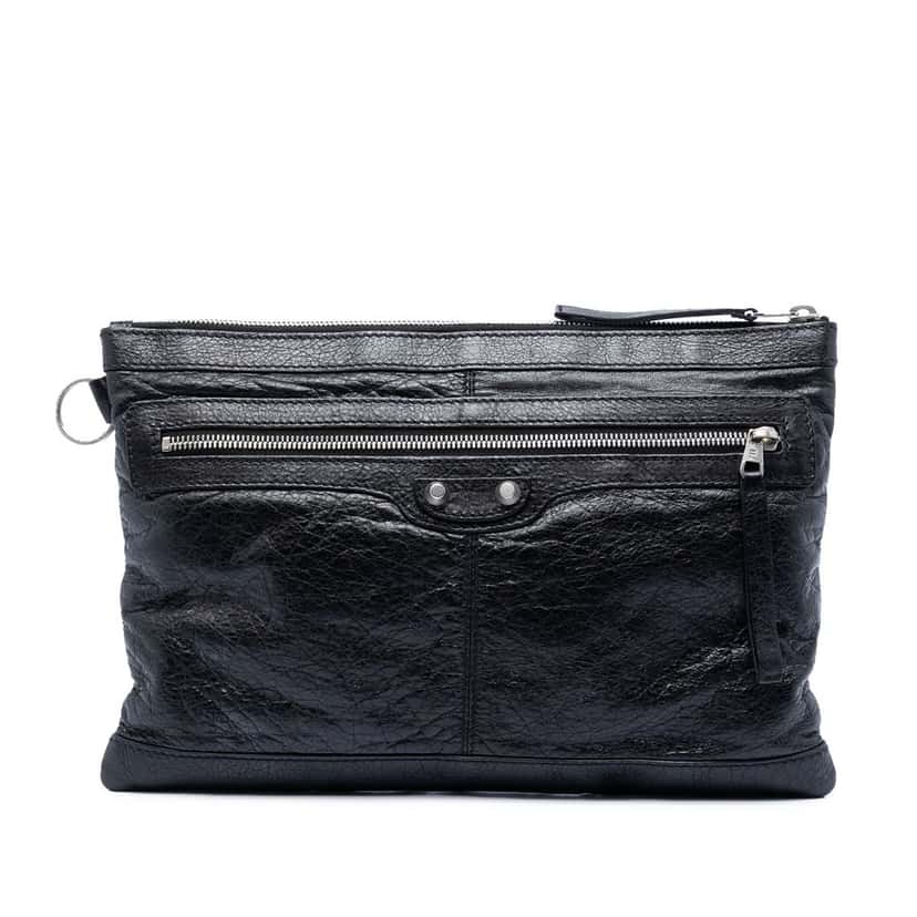 Balenciaga Lambskin Motocross Classic Clip M Clutch Black Leather Very good condition - Front View