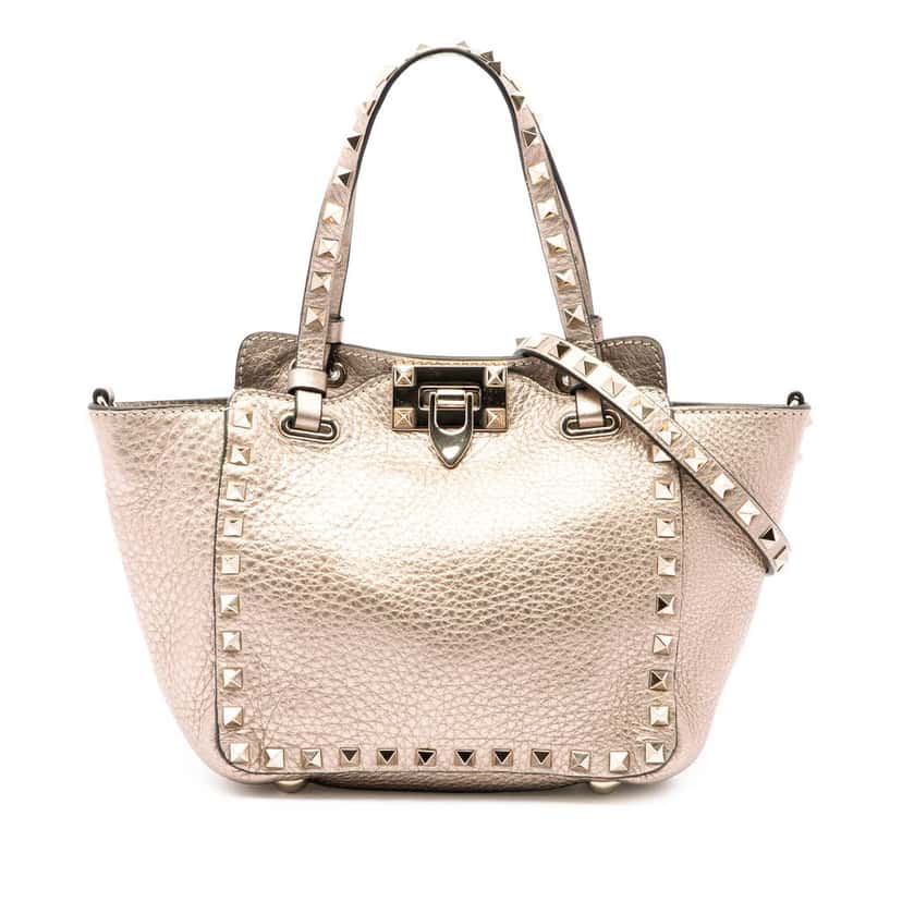 Valentino Mini Metallic Pebbled Calfskin Rockstud Trapeze Satchel Gold Leather Very good condition - Front View