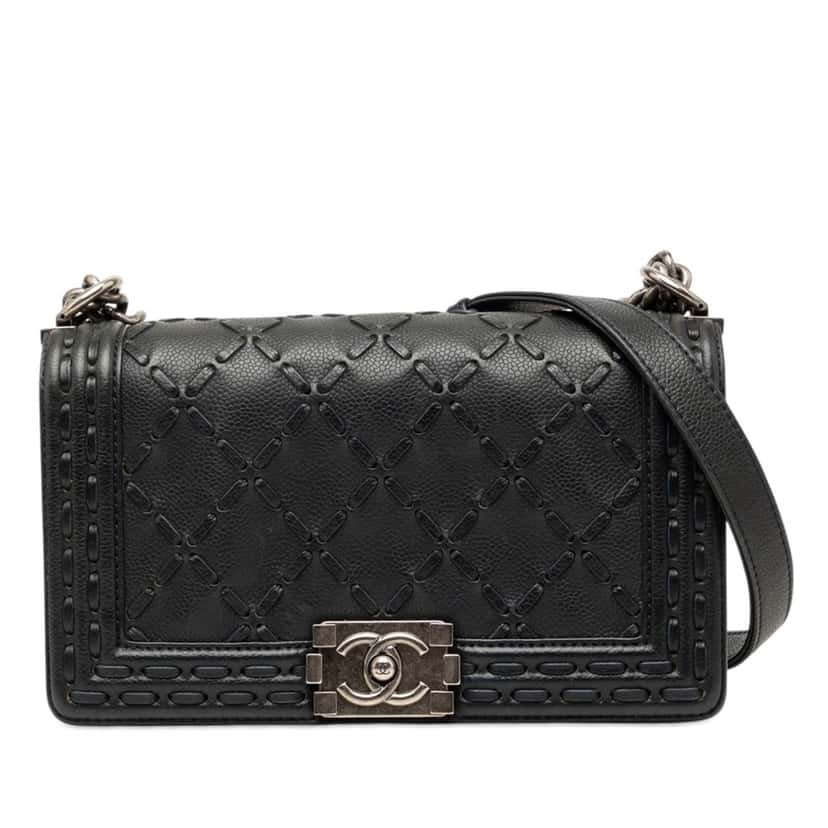 Chanel Medium Caviar Stitched Boy Flap Black Leather Very good condition - Front View